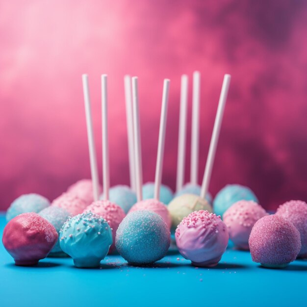 A pink and blue cake pops with white frosting and sprinkles.