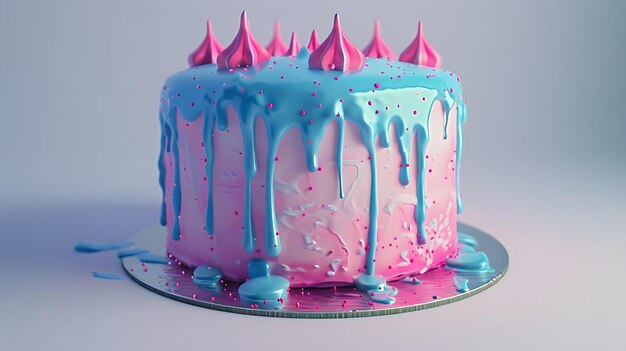 a pink and blue cake with pink and blue icing and sprinkles