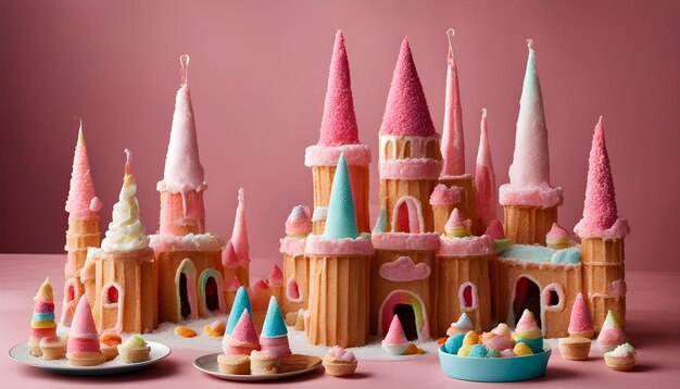 a pink and blue castle with a bunch of cakes on it