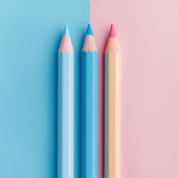 Photo a pink and blue colored pencils with a pink background