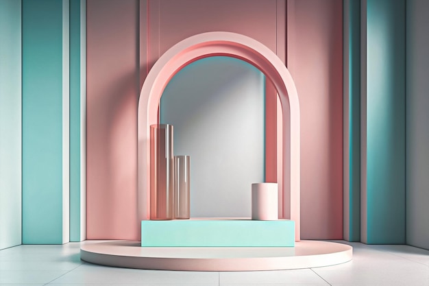 A pink and blue display with a round stand and a pink and blue display