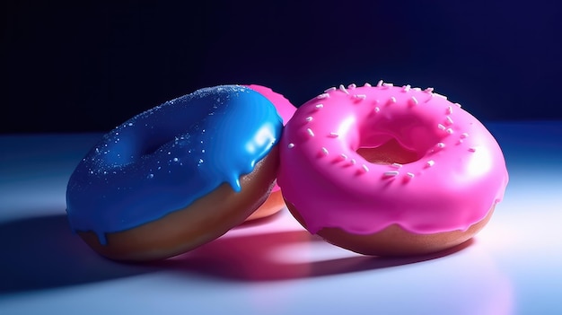 A pink and blue donut with pink frosting and blue frosting.