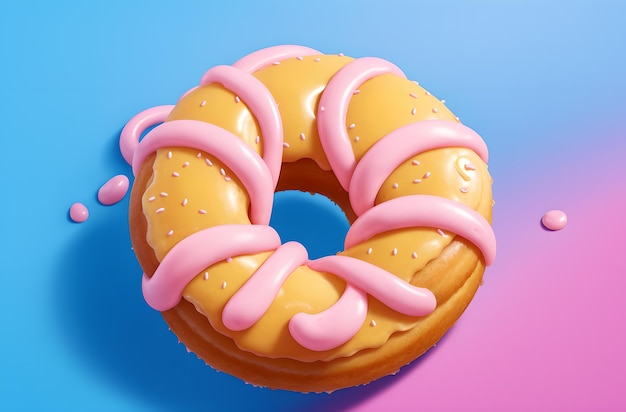 A pink and blue donut with a pink icing on it.