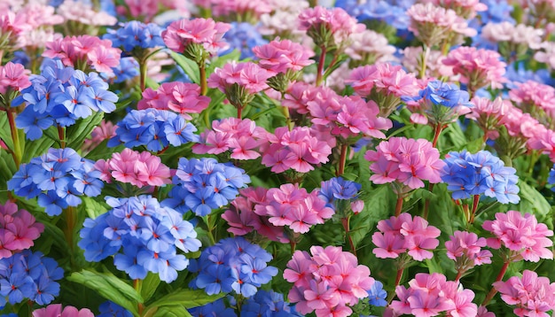 Pink and blue flowers Verbena close up