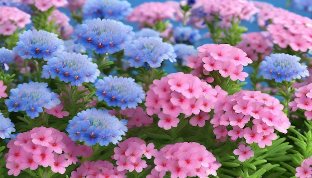 Pink and blue flowers Verbena close up