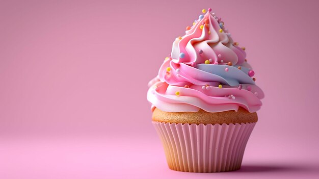 Pink and blue frosted cupcake with sprinkles on pink background