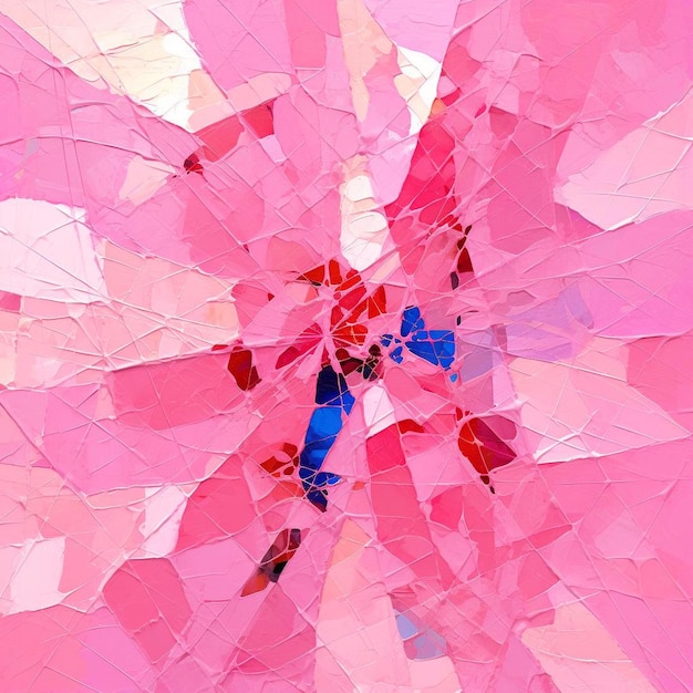 a pink and blue geometric background with a pink flower in the middle.