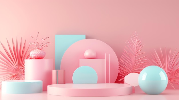 Pink and blue geometric shapes and leaves form a 3D product display background