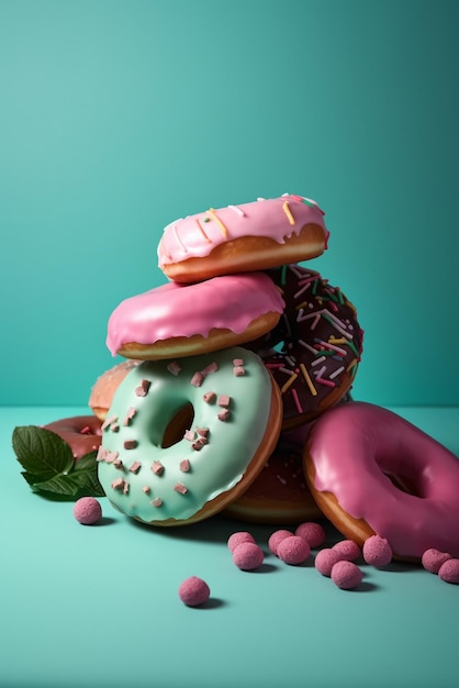 pink blue and green donuts on pink blue and red background in the style of largescale photos