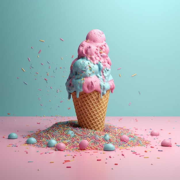 A pink and blue ice cream cone with sprinkles on it.