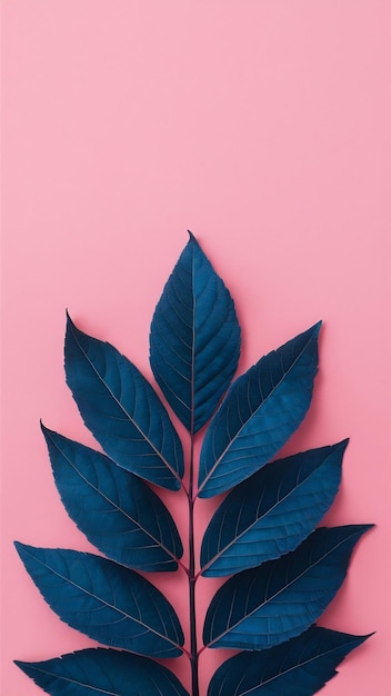 Pink and blue leaves on pink background with copyspace on top side