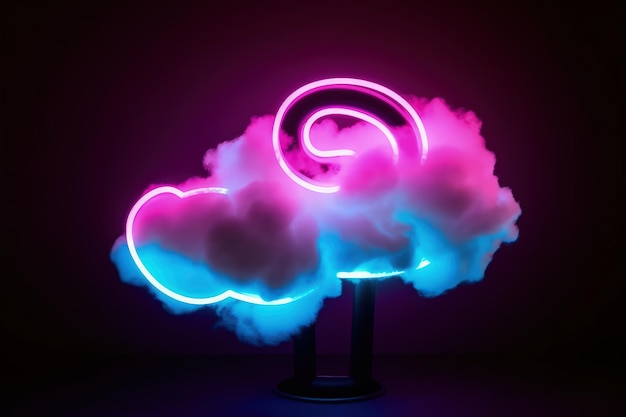 A pink and blue light sculpture with a cloud shaped like a swan.