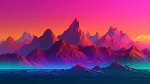 A pink and blue mountain range with a pink sky and the sun shining on it.