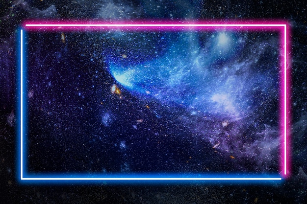 Pink and blue neon frame on a dark galaxy background illustration