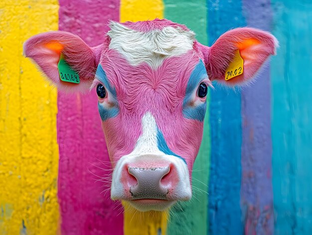 Pink and Blue Painted Cow Photo Colorful Cow Portrait