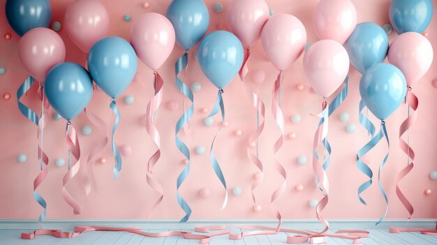 Pink and blue pastel balloons with ribbons floating against a pink wall