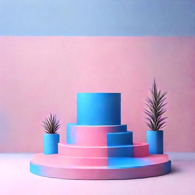 a pink and blue pedestal with plants on it