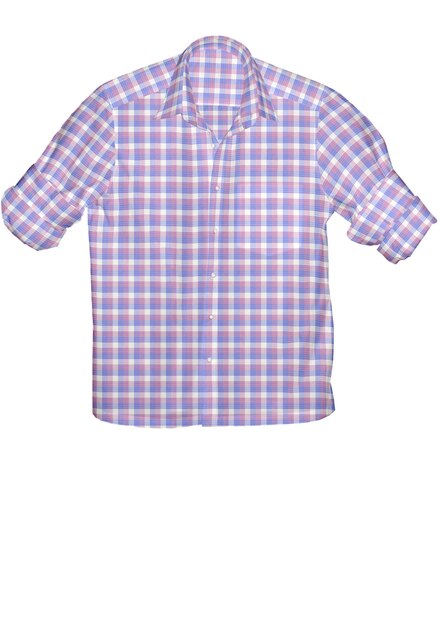 A pink and blue plaid shirt is displayed against a white background.