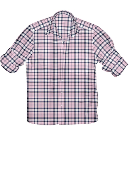 A pink and blue plaid shirt with a white background