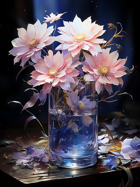 pink blue and purple flowers in a glass vase