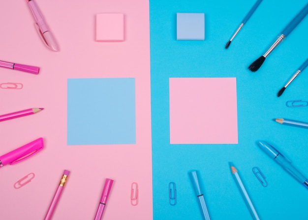 Pink and blue school supplies and paper stickers