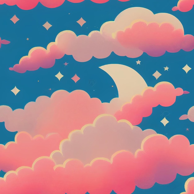 A pink and blue sky with a moon in the clouds.