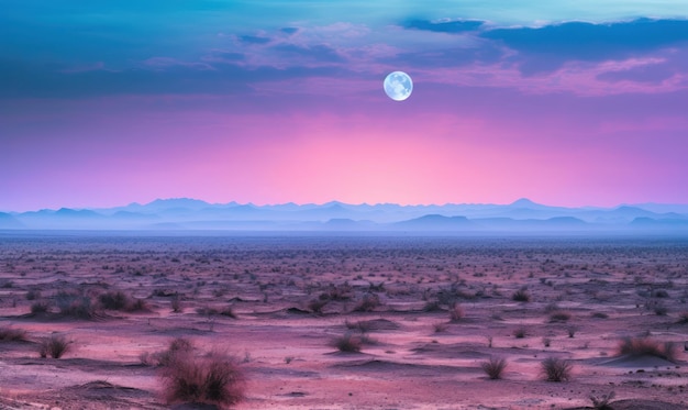 A pink and blue sky with the moon in the distance.