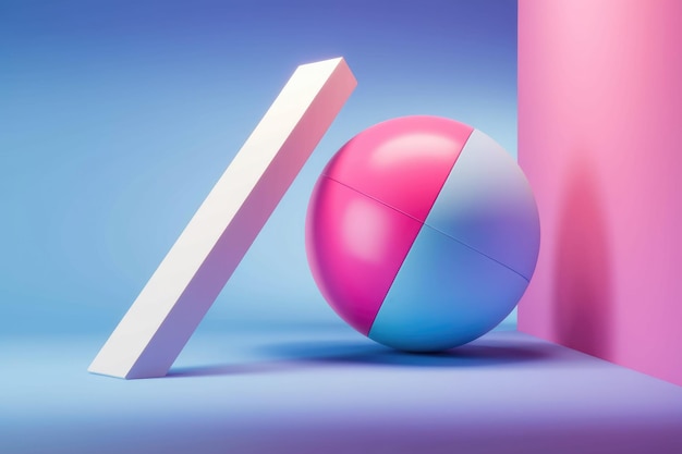 A pink and blue sphere rests next to a white rectangle against a blue and pink background