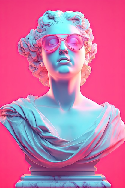 A pink and blue statue of a woman wearing sunglasses