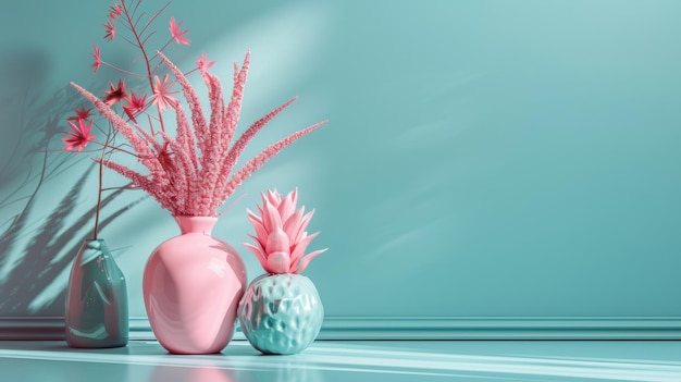 Photo pink and blue vases with flowers