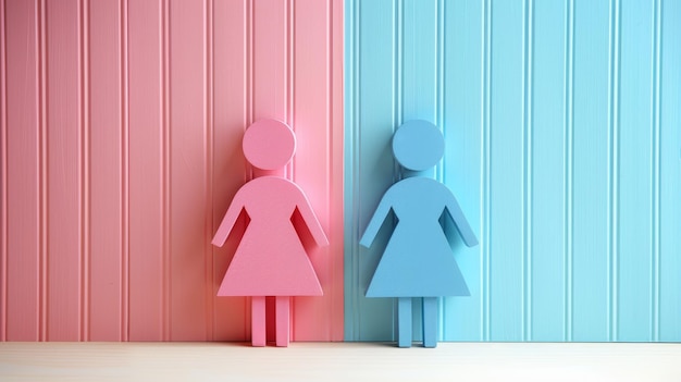 Photo a pink and blue wall with a man and woman standing next to it