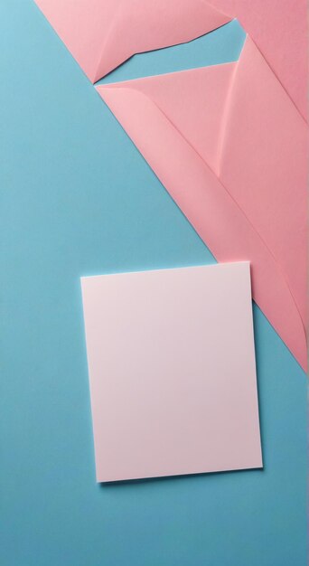 a pink and blue wall with a pink triangle and a pink and white paper