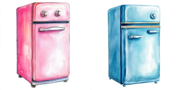 Photo pink and blue watercolor painted retro refrigerators