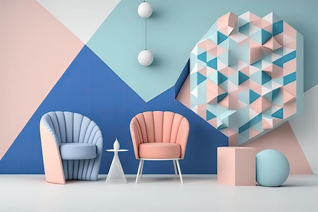 Pink blue and white chairs sofa and armchair minimalist geometric installation art mockup