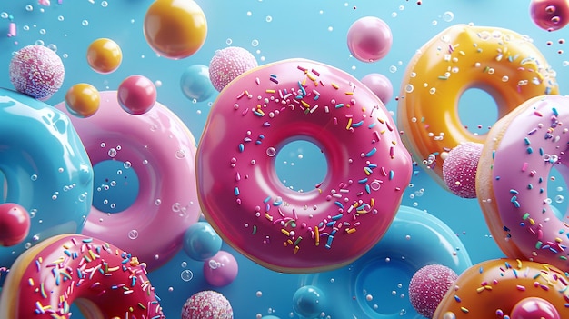 Pink blue and yellow donuts of various sizes floating in blue water with bubbles and small