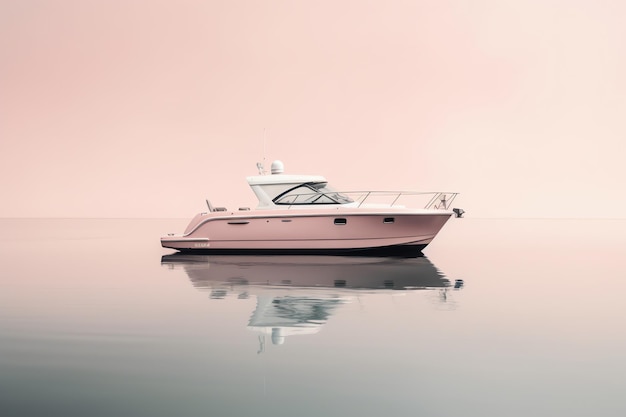 A pink boat is on the water with the word yacht on the side.