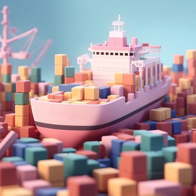 A pink boat sits among many boxes and says " shipping ".