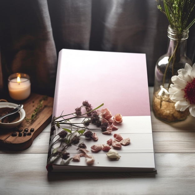 A pink book with flowers on it next to a candle and a vase with a candle.