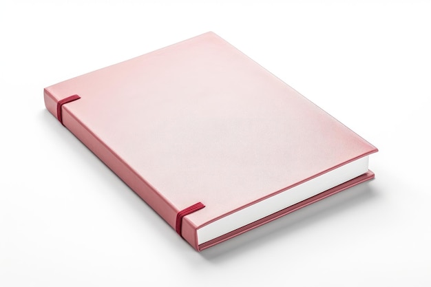 a pink book with a white spine is laying on a white background