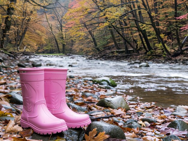 Photo pink boots by the autumn river