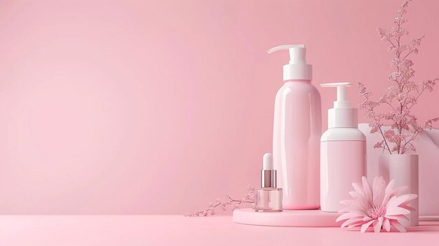 Pink bottle container aromatherapy pink beauty liquid copy space background