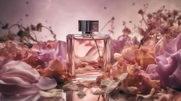 Pink bottle of perfume among flowers and leaves Generative AI image