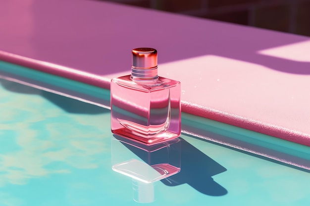 A pink bottle of perfume sits on a table next to a pink notebook