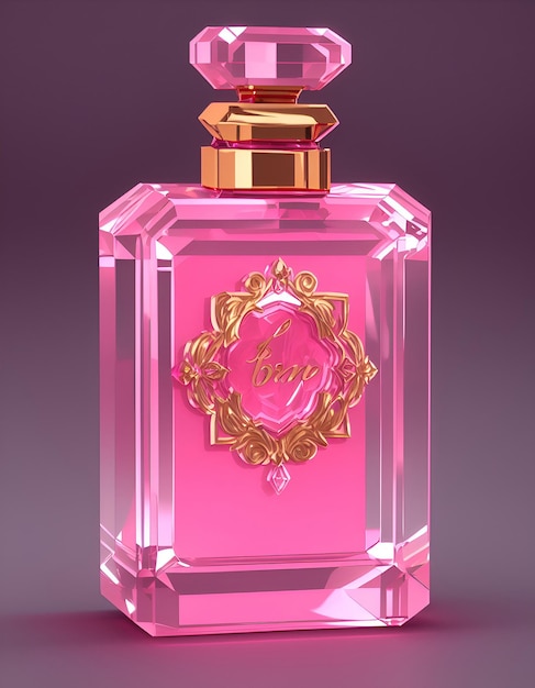 A pink bottle of perfume with the word loom on it