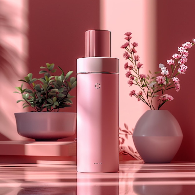 a pink bottle of spray next to a plant with flowers