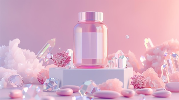 A pink bottle with a blank label on a podium surrounded by glittering crystals