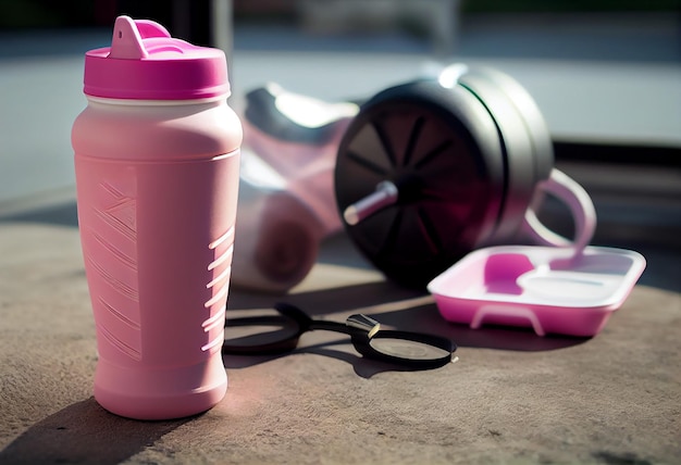 A pink bottle with a pink lid sits on a table next to a black dumbbell.