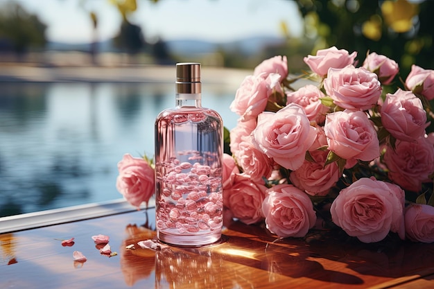 A pink bouquet of roses and a bottle of perfume on a wooden table with a lake in the background