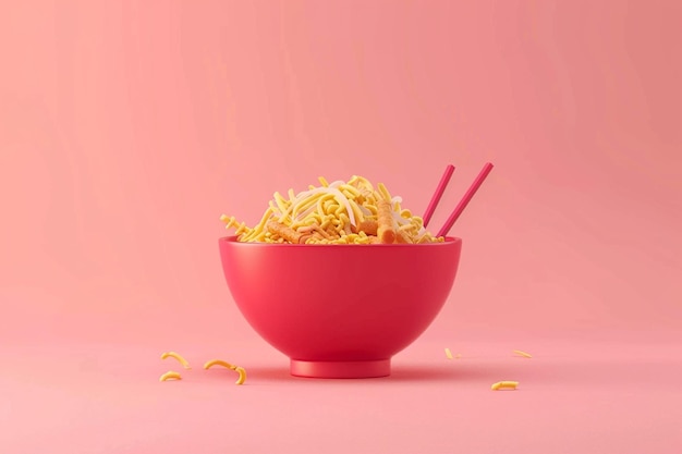 Photo a pink bowl of noodles with chopsticks on a pink background