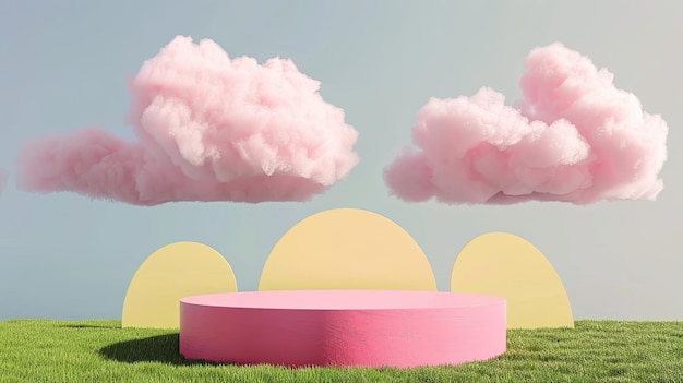 a pink box with clouds in the background and a sun in the middle